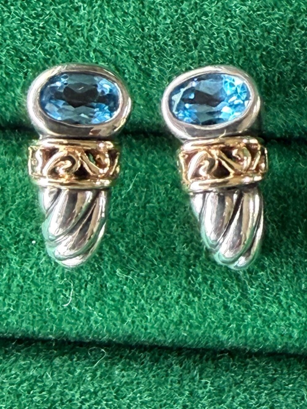 Vintage 925 Sterling Silver & 14K Gold Blue Topaz Drop Earrings